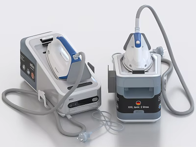 Two Modern Steam Irons With Cords And Bases 3d model