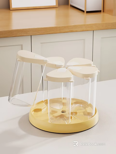Rotating Spice Containers With Transparent Bottles White Lids And Yellow Base For Kitchen Storage 3d model 