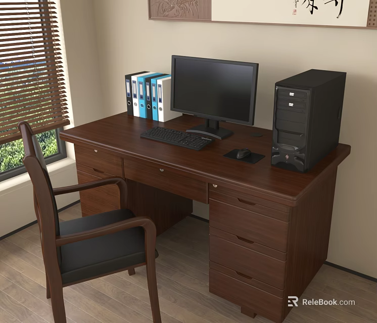Wooden Office Desk with Computer Monitor Desktop Tower Keyboard Mouse Folders Chair and Window Blinds 3d model 