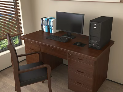 Wooden Office Desk with Computer Monitor Desktop Tower Keyboard Mouse Folders Chair and Window Blinds 3d model