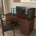 Wooden Office Desk with Computer Monitor Desktop Tower Keyboard Mouse Folders Chair and Window Blinds