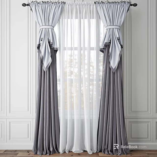 Gray Curtains with Tied Back Design and Sheer Layers for Modern Interior 3d model 