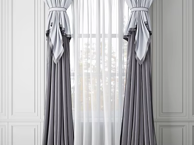 Gray Curtains with Tied Back Design and Sheer Layers for Modern Interior 3d model