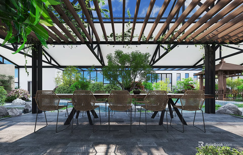 Indoor Landscape Design With Wooden Pergola Green Plants Dining Table Chairs And Natural Light 3d model 