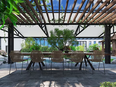 Indoor Landscape Design With Wooden Pergola Green Plants Dining Table Chairs And Natural Light 3d model