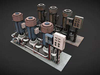 Industrial Mechanical Equipment Setup With Pumps Pipes And Control Panels 3d model