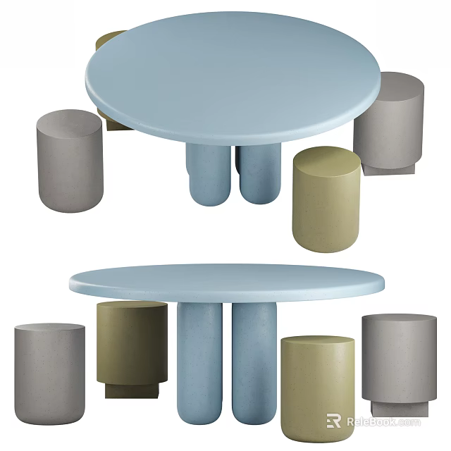Round Top Kids Table With Blue Gray And Beige Matching Stools Simple Design 3d model
