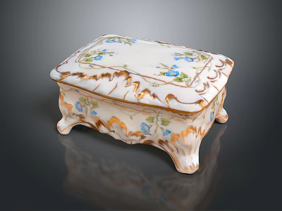 Floral Decorative Porcelain Box With Blue Flower Patterns Gold Accents And Carved Legs 3d model