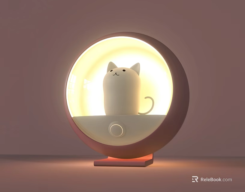 Round Design Table Lamp With White Cat Shaped Figure And Warm Cozy Light 3d model 