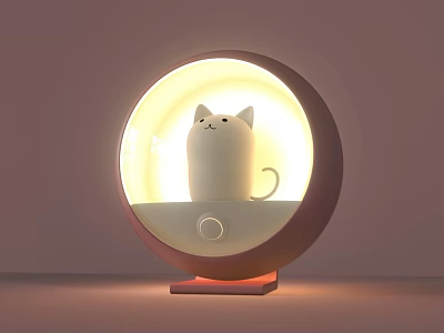 Round Design Table Lamp With White Cat Shaped Figure And Warm Cozy Light 3d model