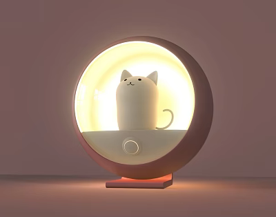Round Design Table Lamp With White Cat Shaped Figure And Warm Cozy Light 3d model