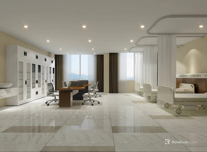 Bright Hospital Ward Interior With Medical Cabinets Desk Chairs And Marble Flooring 3d model 