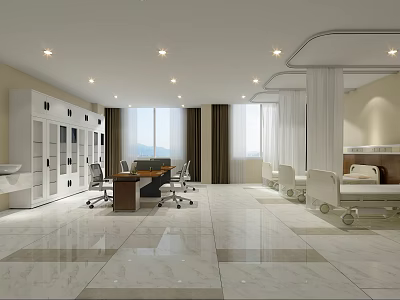 Bright Hospital Ward Interior With Medical Cabinets Desk Chairs And Marble Flooring 3d model