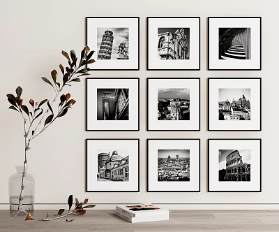 Nine Framed Black And White Architectural Photos On Wall With Vase Plant And Book 3d model