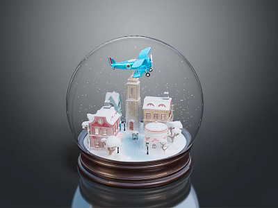 Snow Globe With Small Houses Tower Airplane And Snowflakes On Wooden Base 3d model