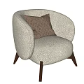 Cream Colored Fluffy Single Seater Sofa With Geometric Patterned Cushion And Dark Brown Wooden Legs