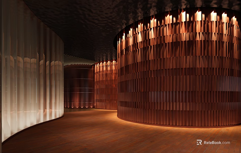 Modern Hotpot Restaurant Interior Design With Curved Wooden Walls And Warm Ambient Lighting 3d model 