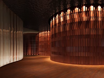 Modern Hotpot Restaurant Interior Design With Curved Wooden Walls And Warm Ambient Lighting 3d model
