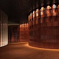 Modern Hotpot Restaurant Interior Design With Curved Wooden Walls And Warm Ambient Lighting