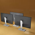 Three Computer Monitors Displaying Various Content On Wooden Desk Setup 3d model