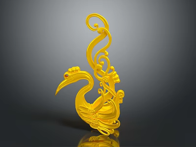 Gold Bird Shaped Fashion Accessory With Intricate Curly Design And Red Gemstone Eyes 3d model
