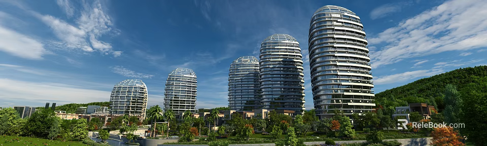 Modern Curved High Rise Hotel Buildings With Glass Facade Surrounded by Palm Trees And Greenery 3d model 