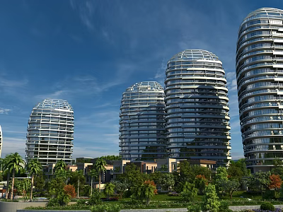 Modern Curved High Rise Hotel Buildings With Glass Facade Surrounded by Palm Trees And Greenery 3d model