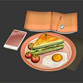 Delicious Breakfast Plate With Sandwich Fried Egg Cherry Tomatoes Notebook And Phone On Black Mat