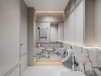 Modern Bathroom Interior With Marble Walls Vanity Mirror Bathtub And Storage Cabinets 3d model