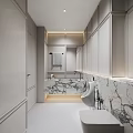 Modern Bathroom Interior With Marble Walls Vanity Mirror Bathtub And Storage Cabinets