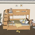 Wooden Bunk Bed Interior With Stairs Drawers Yellow Blanket Pillows And Animal Wall Art