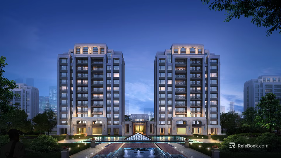 Modern High Rise Apartment Buildings With Symmetric Facade Evening Lighting Water Feature And Landscaped Entrance 3d model 