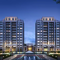 Modern High Rise Apartment Buildings With Symmetric Facade Evening Lighting Water Feature And Landscaped Entrance