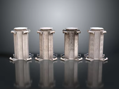 Four Silver Metallic Columns Arranged Neatly On Black Reflective Surface 3d model