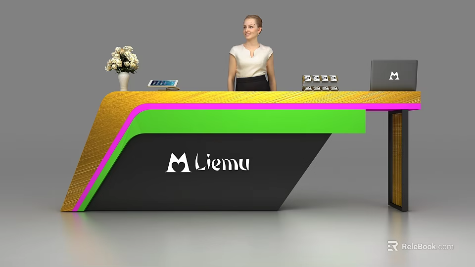 Modern Reception Desk With Gold Green Pink Accents Liemu Logo Flower Vase Tablet And Receptionist 3d model 