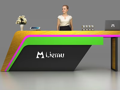 Modern Reception Desk With Gold Green Pink Accents Liemu Logo Flower Vase Tablet And Receptionist 3d model