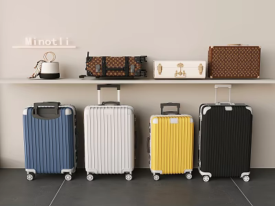 Colorful Rolling Luggage Cases and Designer Handbags on Minotti Shelf 3d model