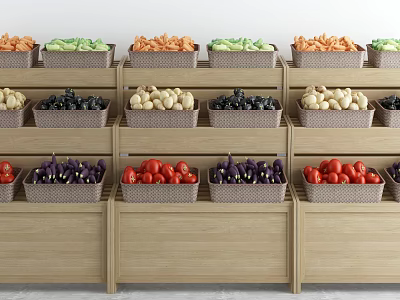 Wooden Multi Tiered Display Shelves With Neatly Arranged Fresh Fruits And Vegetables 3d model