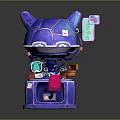 Purple Cat Ear Robot Character With Small Screens Tools Pink Apron And Colorful Accessories