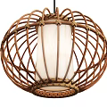Set of Four Natural Woven Rattan Round Chandeliers With White Lampshades