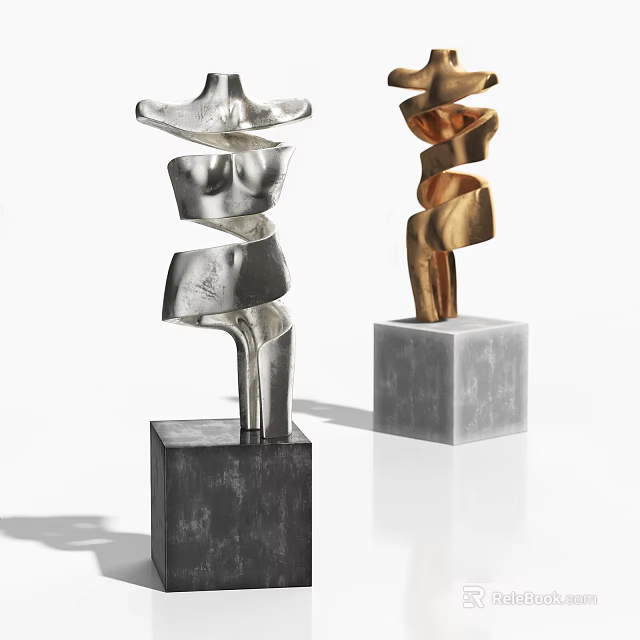 Abstract Metal Sculptures With Silver Gold Twisted Spiral Design On Square Stone Bases 3d model 