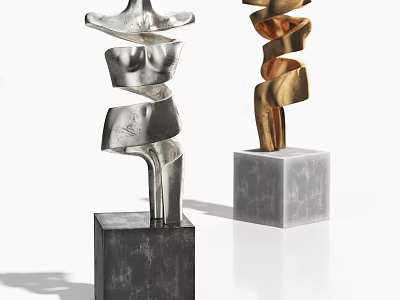 Abstract Metal Sculptures With Silver Gold Twisted Spiral Design On Square Stone Bases 3d model