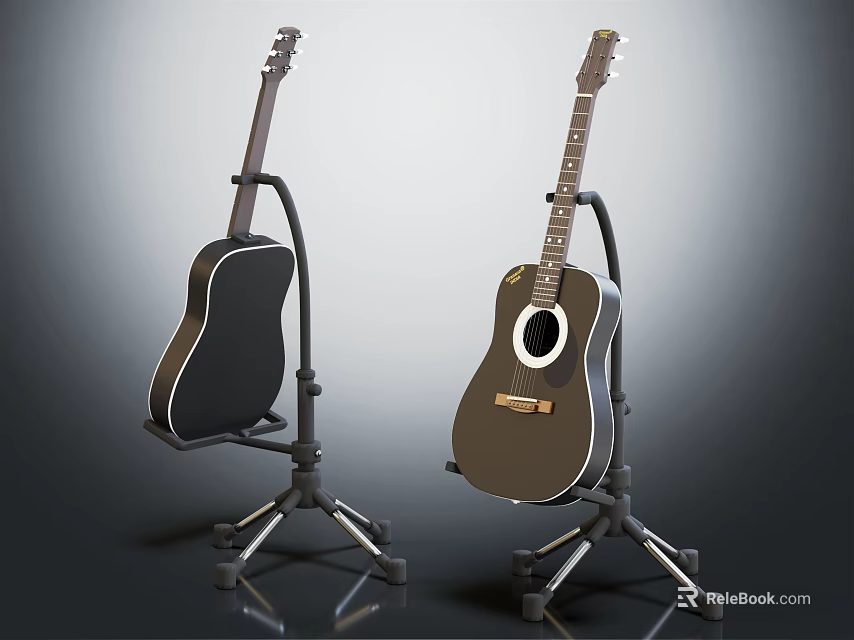 Acoustic Guitars Placed on Stands with Sleek Design for Musical Instrument 3d model 