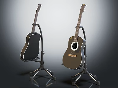 Acoustic Guitars Placed on Stands with Sleek Design for Musical Instrument 3d model