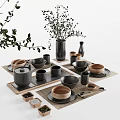 Ceramic Tea Set With Gray Brown Teapot Cups Bowls On Bamboo Mats And Green Plants