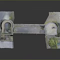 Ancient Stone Bridge Model with Twin Towers Multiple Arches Small Pool and Green Plants