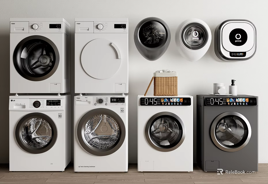 Various Front Load Washing Machines In White And Gray With Stackable Designs 3d model 