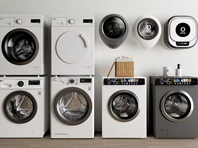 Various Front Load Washing Machines In White And Gray With Stackable Designs 3d model