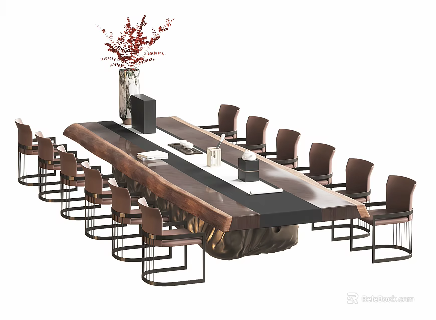 Modern Wooden Dining Table Set With Brown Metal Frame Chairs and Red Flower Vase Decorations 3d model 