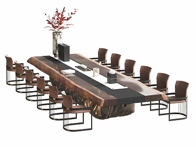 Modern Wooden Dining Table Set With Brown Metal Frame Chairs and Red Flower Vase Decorations 3d model